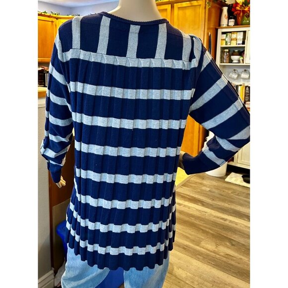 Striped Navy & Gray Open Front Cardigan Sweater Pleated Front & Back LARGE - Picture 3 of 12